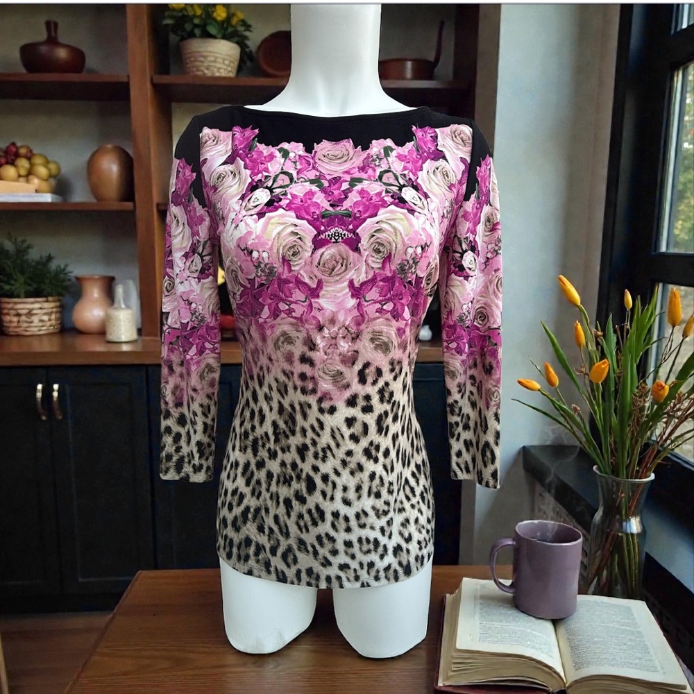 Boston Proper Pink Floral and Leopard Print Blouse